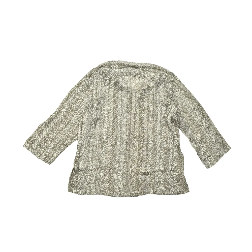 Chico's Size 2 Large Olive Green White Abstract Print Button V-Neck 3/4 Sleeve P